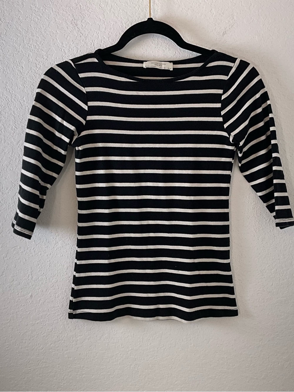 Zara Black & White Striped Boatneck 3/4 Sleeve Top Organic Cotton Nautical S